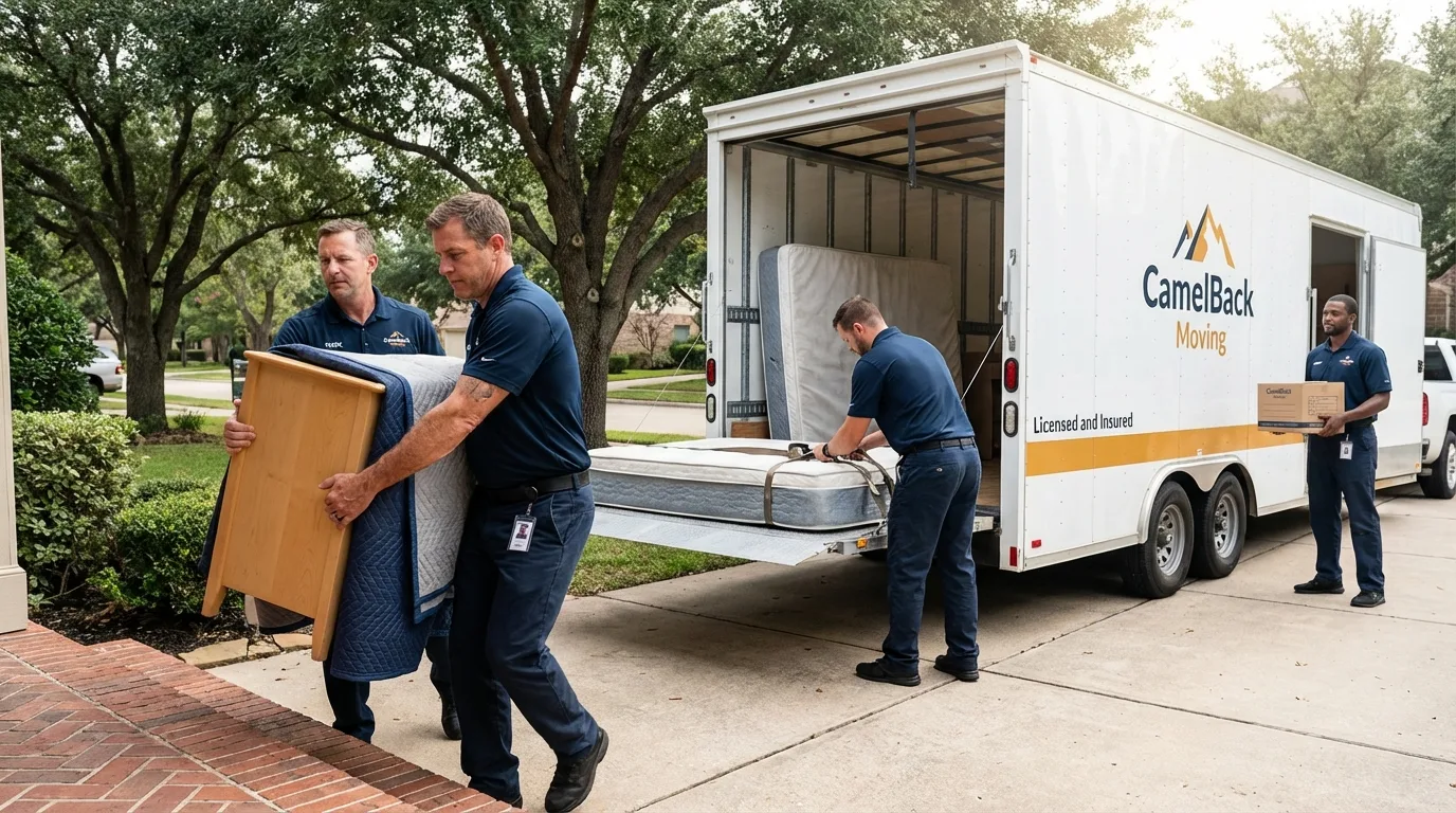 Crew loading residential truck for cross-state move from Greenfield, IN