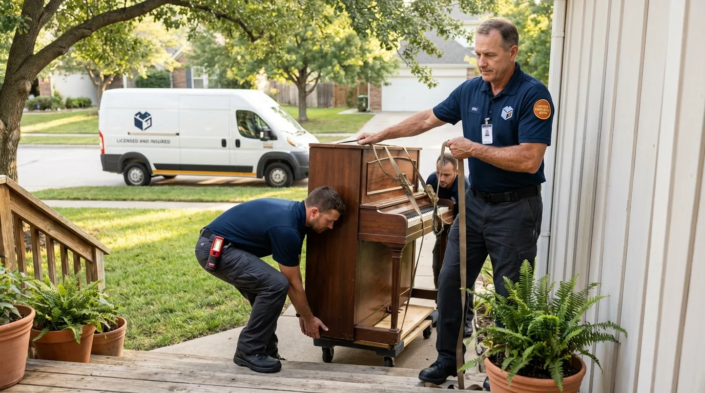 Licensed piano movers securing grand piano in Greenfield, IN