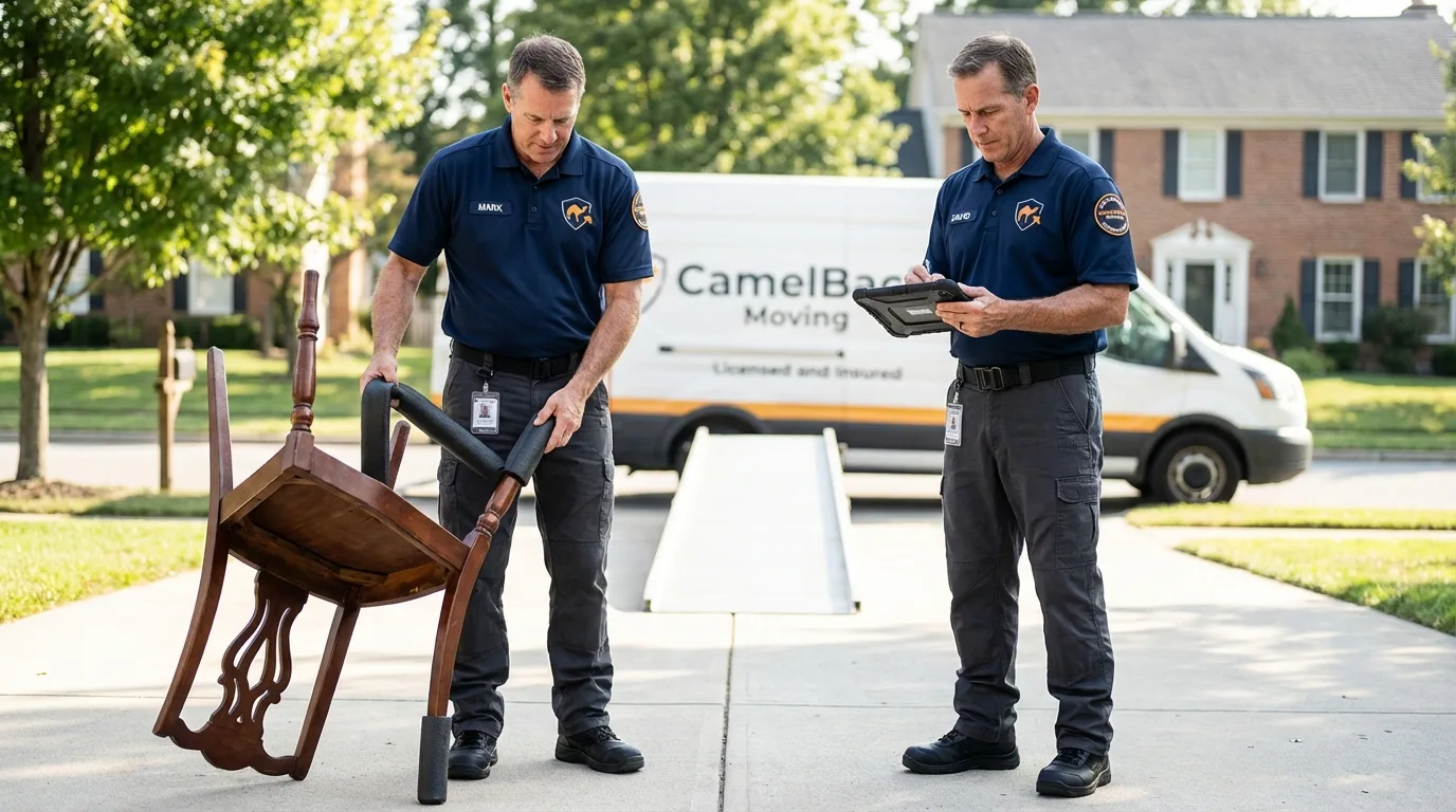 Movers inspecting furniture for damage prevention before loading in Greenfield, IN